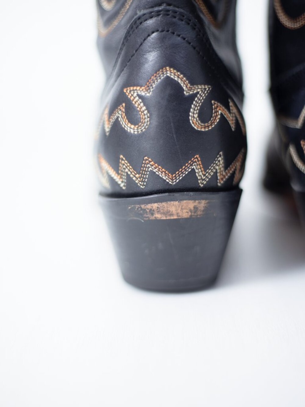 Vintage Cowboy Boots | Black Leather | Gold Stitch Inlay | Women's 8.5 / Men's 7 - Picture 9 of 16